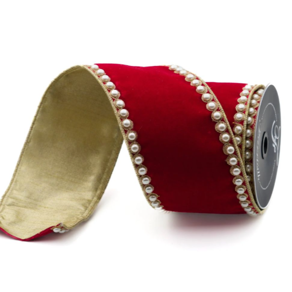 LISTÓN ROJO CON BORDES DE PERLAS