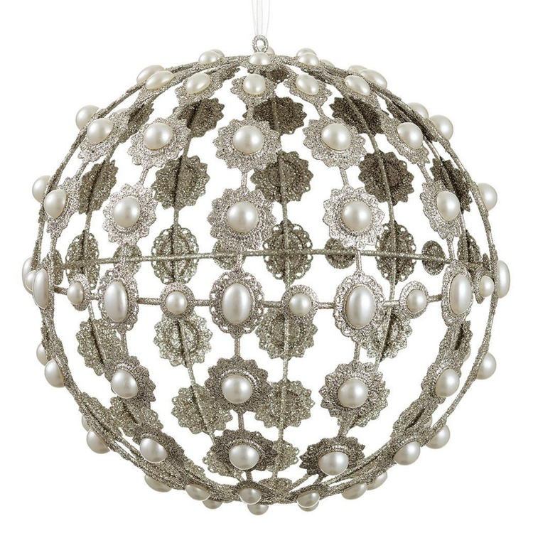 GLITTERED PEARL FILIGREE BALL ORNAMENT CHAMPAGNE PEARL 8.5"