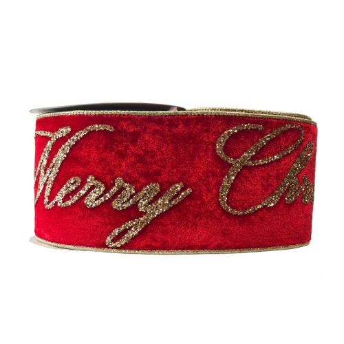 LISTON DE TERCIOPELO ROJO CON TEXTO DORADO "MERRY CHRISTMAS"
