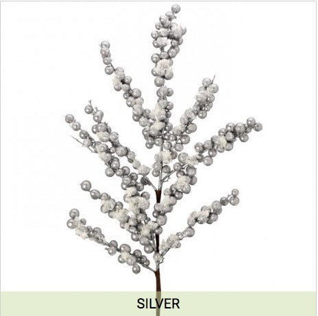 RAMA DECORATIVA CON BERRYS METÁLICAS Y COPOS DE NIEVE
