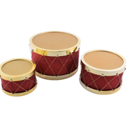 SET DE 3 TAMBORES DECORATIVOS ROJOS CON DETALLES DORADOS