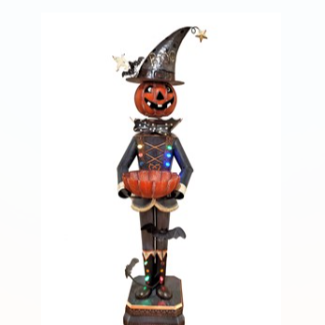 CALABAZA DE METAL CON TAZÓN DE DULCES Y LUCES LED