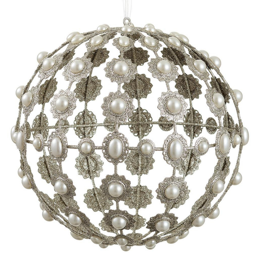 GLITTERED PEARL FILIGREE BALL ORNAMENT CHAMPAGNE PEARL 8.5"